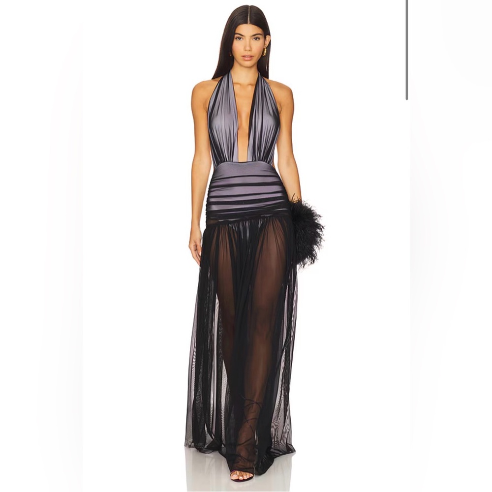 Norma Kamali Halter Shirred Gown in Black & Snow White